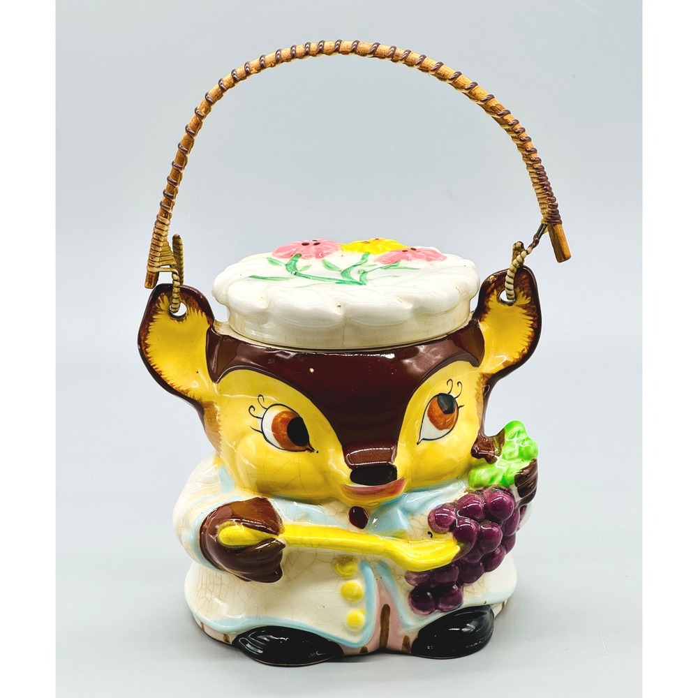 Vintage Anthropomorphic Deer Cookie Jar Wicker Handle Royal Sealy Japan 1950s